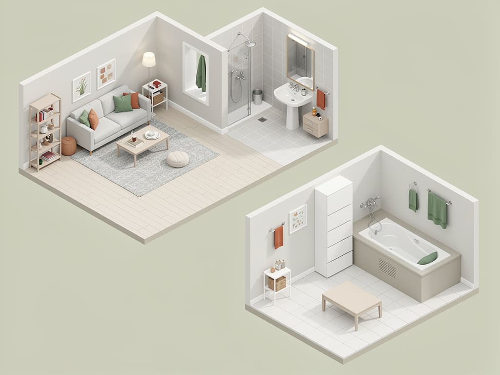 Interni residenziali puliti: soggiorno, bagno e spazio ristrutturato